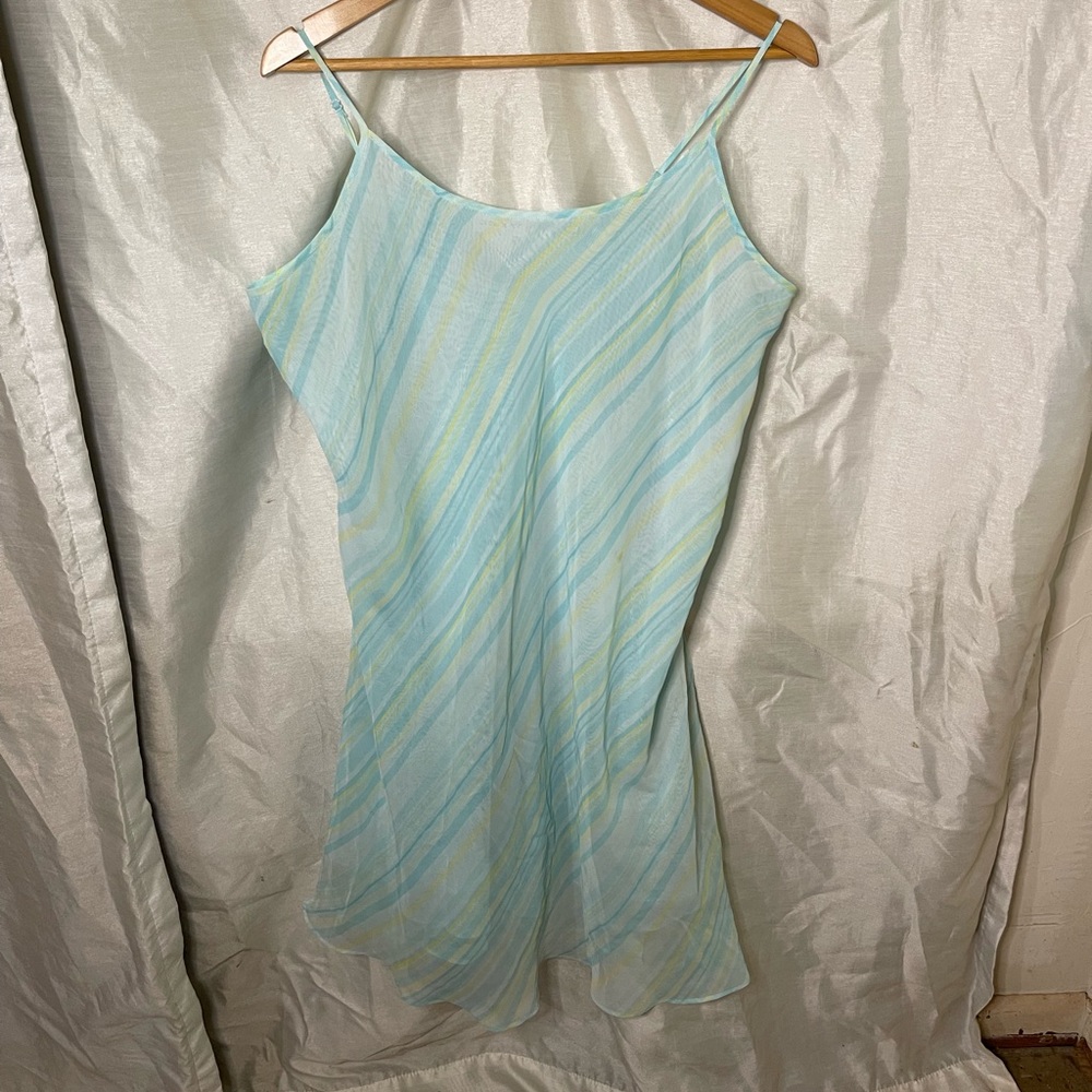 Plus Size y2k Sheer Light Blue Green Diagonal Striped Mini Slip Dress Nightie